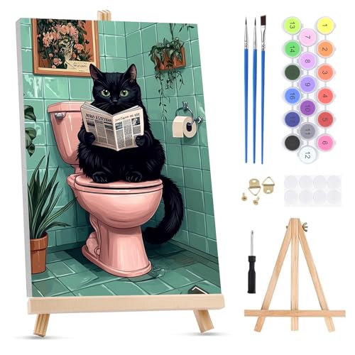 QENSPE Kit de Pintura por Números para Adultos sobre Lienzo Enmarcado - con Caballete, Gato Paint by Numbers, Inodoro Pintura Acrílica al Óleo para Decor de Paredes Hogar (20x30 cm)