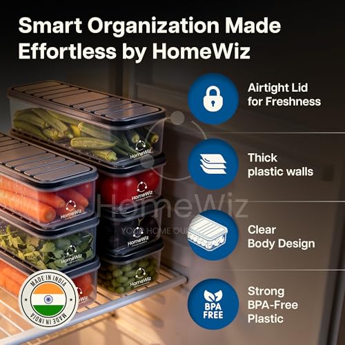 Image of HomeWiz Fridge Storage Containers 1200ml x8 | Air Tight Storage Container Set | Fridge Organiser Storage Boxes |Food Grade BPA-Free Plastic Containers |Stackable, Transparent, for Fruits & Vegetables