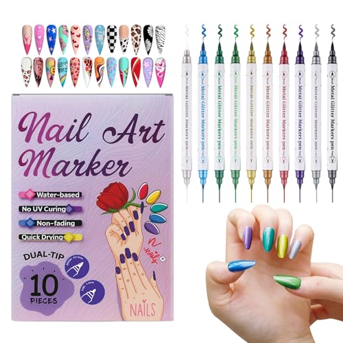 10-Color Metallic Glitter 3D Nail Art Pen Set, Double-Ended Dotting & Coloring Pens, Soft + Hard Tips, DIY Nail Art Creative Graffiti Tool