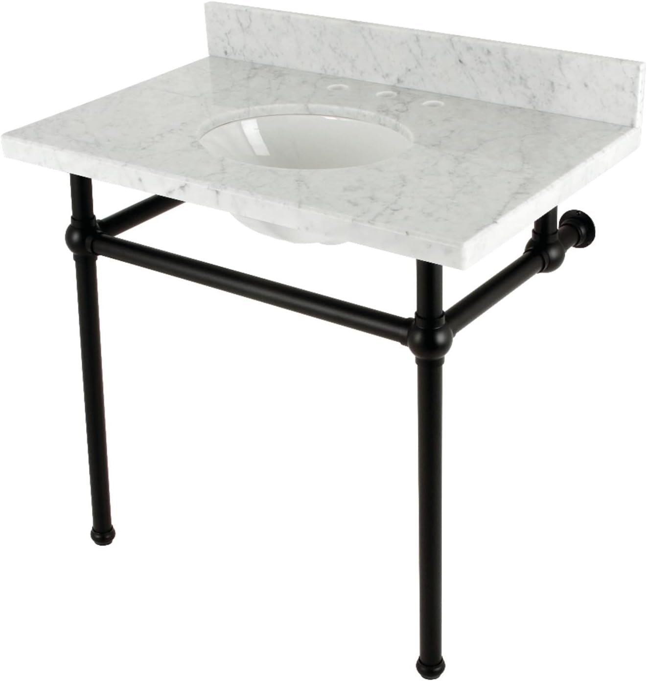 Kingston Brass KVBH3622M80 Addington 36" Console Sink with Brass Legs (8-Inch, 3 Hole), Marble White/Matte Black