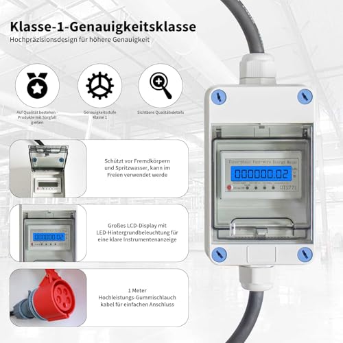 Mobiler Stromzähler,Mit CEE Stecker und Kupplung,3 × 230V/400V 32A Und Kupplung, Zwischenzähler für Wohnwagen,Elektrofahrzeuge,Camping,oder Unter