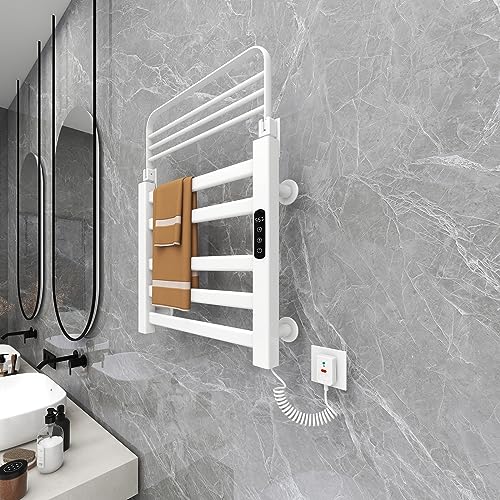 AHKFUL LCD Control Táctil Toallero Electrico Baño, Radiador Toallero Electrico Bajo Consumo Tiempo 1-9H, Ajuste de Temperatura 85-158 ℉, Estante Plegable de 90°,Sistemas de Seguridad, 4 Modos,Blanco