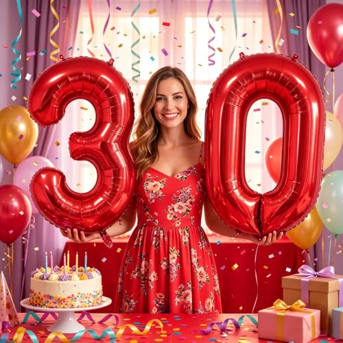 Image of Number Balloons Red Party Balloon - 40 Inch Large Number 30 Balloon, Numbers Balloon Birthday Decorations, Red Party Supplies for Anniversary