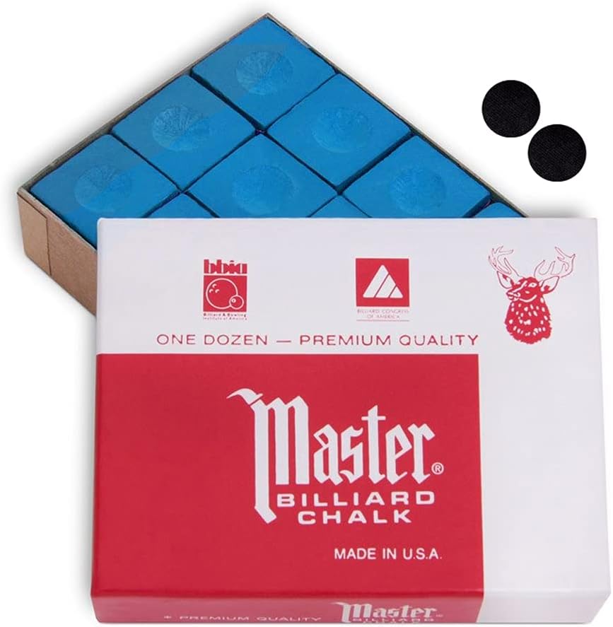 Master Billiard Pool Cue Chalk Premium Quality - 1 Dozen - Made in The USA + 2 pcs of Quality Billiard Pool Table Spots by Tweeten Fibre Co.