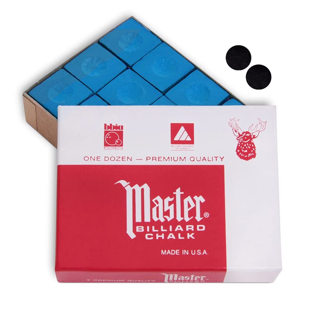 Master Billiard Pool Cue Chalk Premium Quality - 1 Dozen - Made in The USA + 2 pcs of Quality Billiard Pool Table Spots by Tweeten Fibre Co.