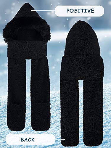Syhood 2 Pieces Winter Warm Hooded Scarf Gloves Set 3 In 1 Soft Plush Thick Warm Hat Headscarf Furry Hat with Pocket for Women4