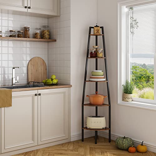 Hoctieon Corner Shelf, Industrial 5-Tier Corner Bookshelf, Rustic Corner Ladder Shelf, Corner Bookcase For Small Spaces, Bedroom, Living Room, Home Office, Kitchen, Balcony, Rustic Brown #TOP5