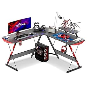 MOTPK L Shaped Gaming Desk with Carbon Fiber Surface, Corner Computer Desk L Shape with Monitor Shelf, Gamer Desk Gaming…