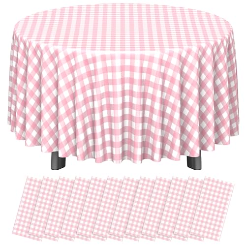 Image of 12 Pack Pink Gingham Tablecloth Round, Premium Decorative Disposable Pink and White Checkered Plaid Table Cloths for Parties, Round Party Table Cover for Picnic Farm Birthday Wedding Festivals, 84Inch