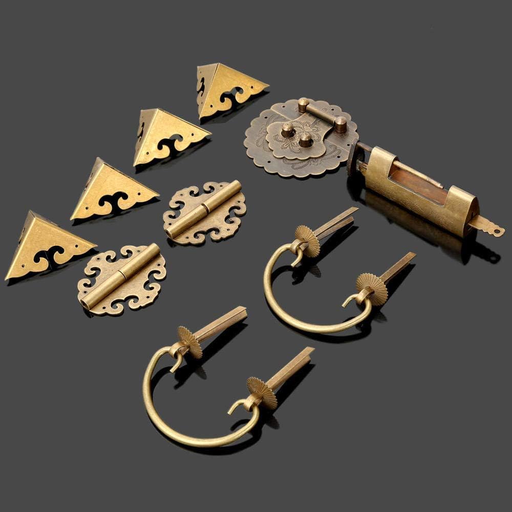 Bisagras de puerta Bisagras a tope Juego de herrajes for muebles de latón puro antiguo Pomos y manijas de caja de madera + Bisagras + Pestillo + Cerradura + Pasador en forma de U + Protector de esquin