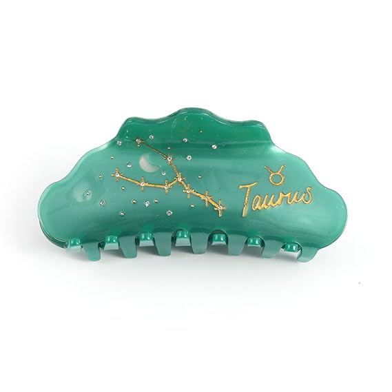 Taurus Zodiac Sign Hair Claw with Crystals, Green Personalized Acetate Hair Clip for Women Gift 1 Piece