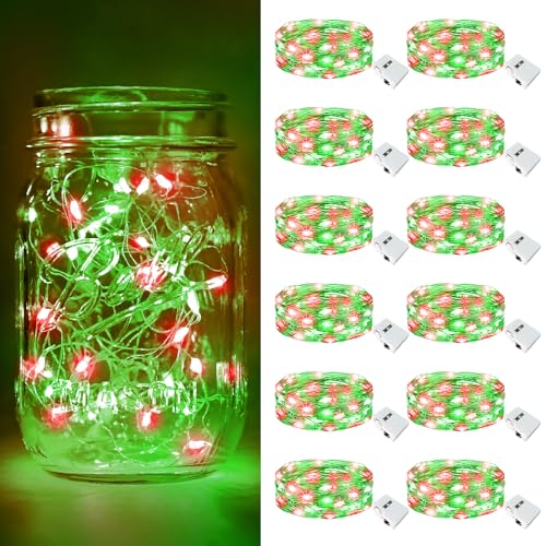 Image of btfarm 12 Pack Fairy Lights Battery Operated [3 Modes], 7ft 20 Led Twinkle Lights String Lights Waterproof Bulk Small Mini Silver Wire for Christmas Mason Jars Wedding Table Centerpiece, Red Green