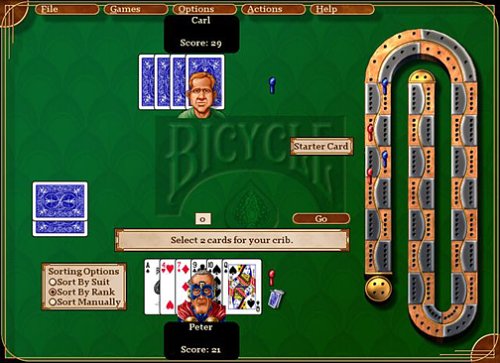 Screenshot of Cribbage game in Bicycle Card Games