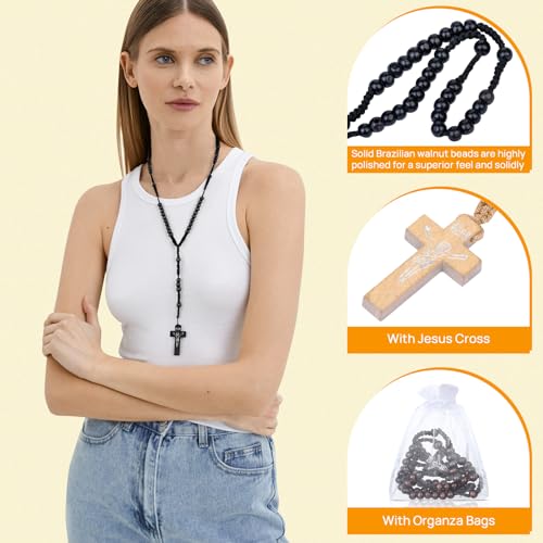 48 Pcs Wooden Rosary Beads Necklace, Catholic Rosary with Jesus Cross First Communion Rosary Bulk Wooden Rosary Beads with Organza Bags Catholic Gift Baptism Favors for Women Men (Multicolor)3