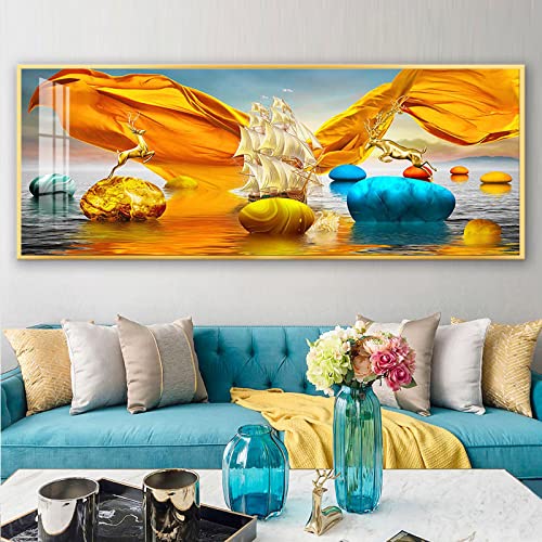 Affiche Golden Tree et Deer 70x140cm | Peinture sur toile paysage moderne sans cadre pour salon