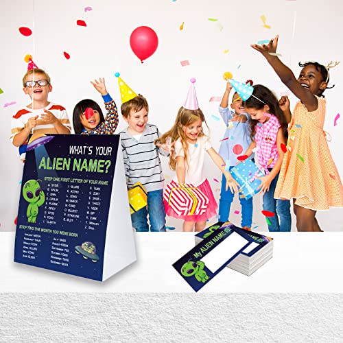 image for BEUFSE What's Your Alien Name Game Sign with Name Tag Stickers for Bab