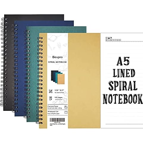 Beupro 4 Pack A5 Spiral Ruled Notebook, Hardcover College Journals Notebooks with Soft Cover, 100 Pages and Paper Jam, 5.59"x8.27" Office, School Supplies for Memos Plans and Diary Cover