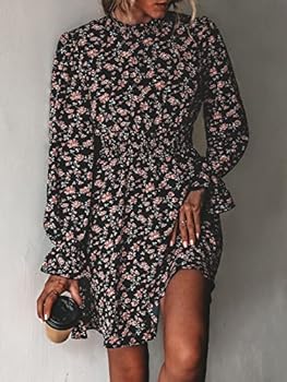 CUPSHE Dames Midi Jurk A-lijn Flowy Swing Lights Gespikkelde Print Lange Mouw Hoge Hals Ruche Herfst Casual Party Cocktail Jurk, Groen, L