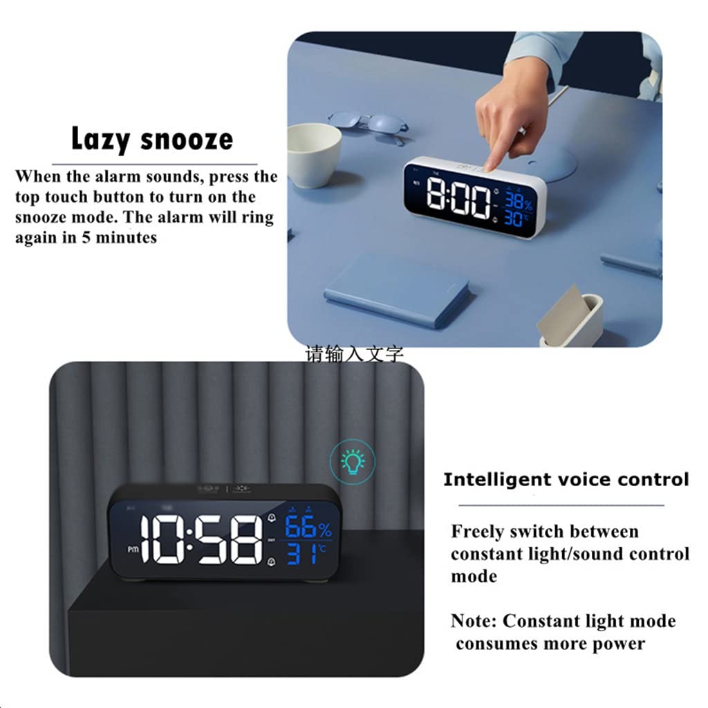 Reloj despertador con música LED, control de temperatura, humedad, control de voz, reloj de mesa, doble alarma, de pared, recargable, digital (gris)
