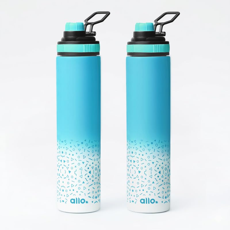 Image of Allo Stainless Steel Water Bottle For Adults, Kids 850ml Water Bottles For School, Office, Sports, Gym 850ml Water Bottle For Men And Women, Pack Of 2| Leak Proof, Bpa Free, Blue White(Turquoise)