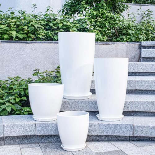 ZMTECH 24/21/12/10" H Large Plastic Planters with Drainage Hole and Saucer -Set of 4 Tall Plant Pots for Indoor & Outdoor Use,White Glossy Smooth Lightweight Flower Pot for Front Porch Patio Deck by ZMTECH - Used condition - Image 8