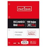90 gramos/m2 Unipapel Recambios Cuadrículadas 4x4 mm, Hojas de 90 g, con Margen, 4 Taladros, Paper, Blanco, A5, 100