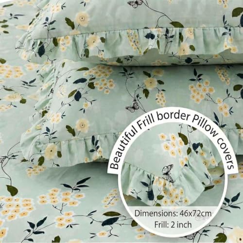 Image of King Size Fitted Bedsheet for Double Bed | 300 TC Cotton Feel Microfiber | All Around Elastic with 2 Frill Pillow Covers | Soft & Durable | (GreenFloralFrill, Fitted - Double72x72)