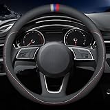 Carodi Latest Nappa Leather car Steering Wheel Cover, Stylish Non-Slip Leather car Interior 15 inches Universal Black(red and Blue Signs)