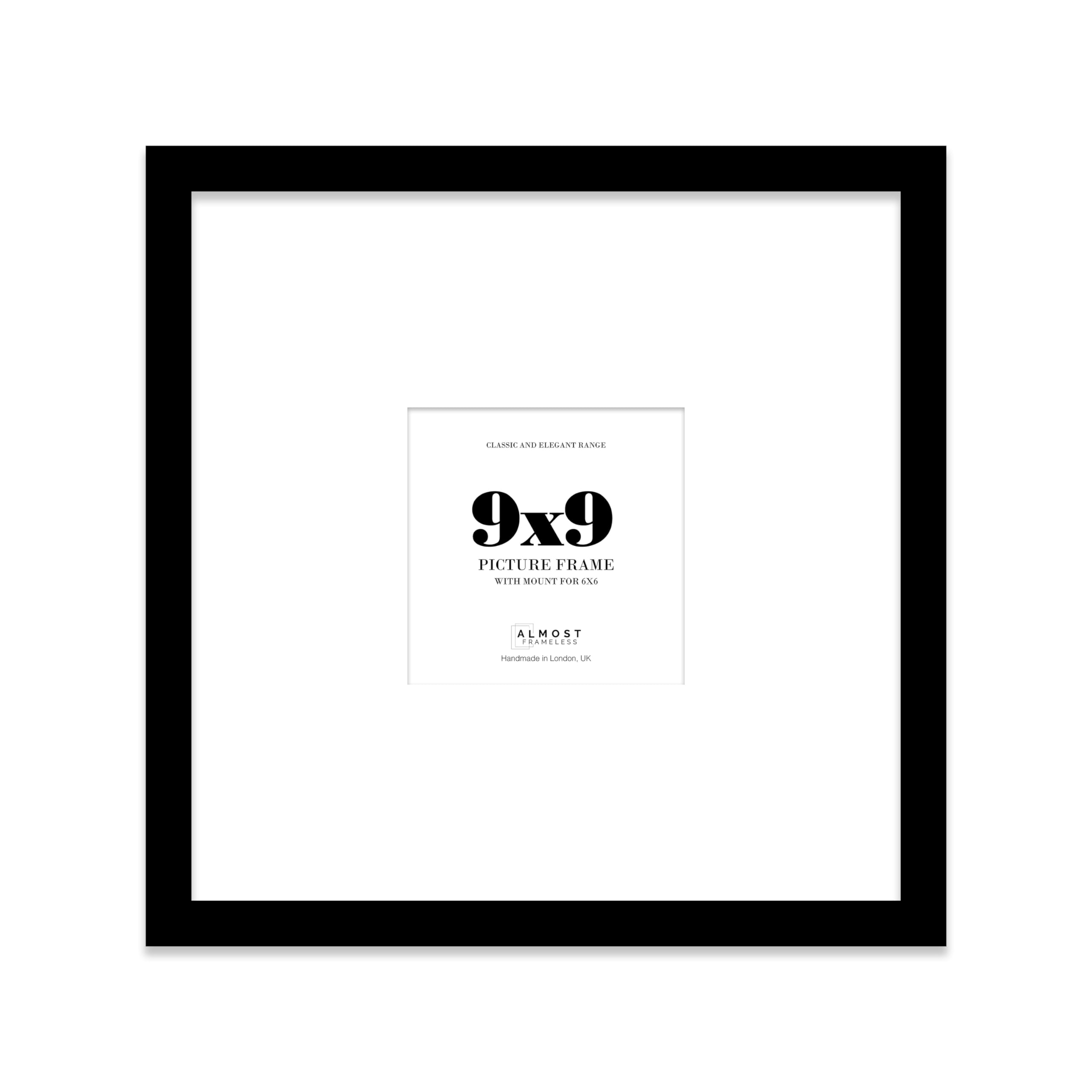 Almost Frameless 9x9 Square Picture Frame, Display Pictures 6x6 With Mat or 9x9 Without Mat, Wall Hanging & Free Standing Photo Frame, Black, 1 Pack