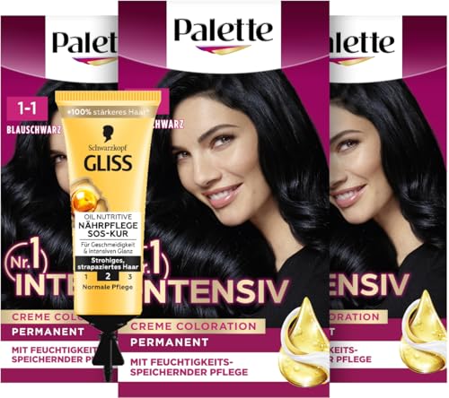 Palette Intensiv Creme Coloration 1-1/909 Blauschwarz (3x 115 ml), permanente Haarfarbe für leuchtende, langanhaltende Farbbrillanz & SOS-Intensiv-Kur Oil Nutritive (15 ml) Haarkur