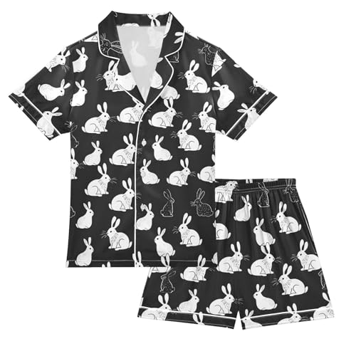 ALAZA White Rabbit Bunny Black Satin Pajamas Set Short Sleeve Button Down Sleepwear Summer Pjs 2 Piece