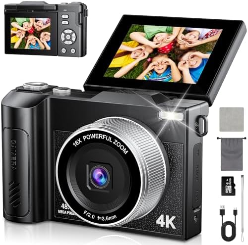 Digitalkamera 4K 48MP Autofokus Fotokamera 16X Digitalzoom Fotoapparat mit 180° Klappbarer Bildschirm Kompaktkamera mit 32GB Karte für Teens Anfänger Erwachsene (Weiß) (Schwarz)