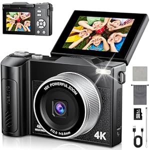 4K Appareil Photo Numérique 48MP Autofocus Compact Caméra avec 2.8'' Écran Rabattable 180° Digital Camera Zoom Numérique 16X avec Carte 32GB pour Adolescents Débutants Adulte (Noir)