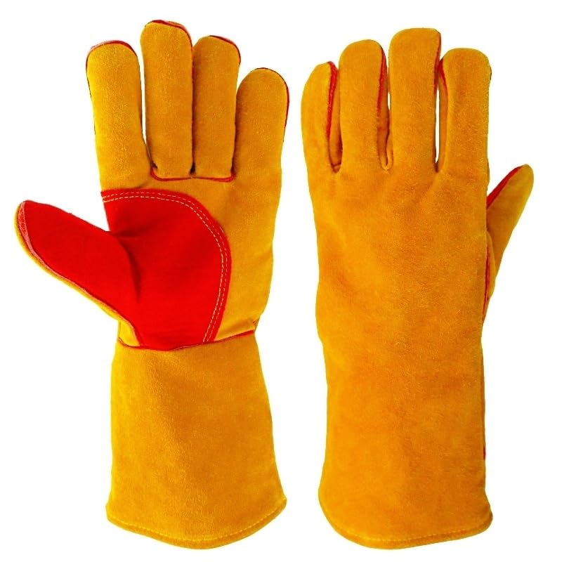 Guanti da lavoro in pelle a maniche lunghe Guanti da saldatura resistenti al taglio for uomo Tig Mig Motosega Edilizia Giardinaggio(Yellow 35cm)