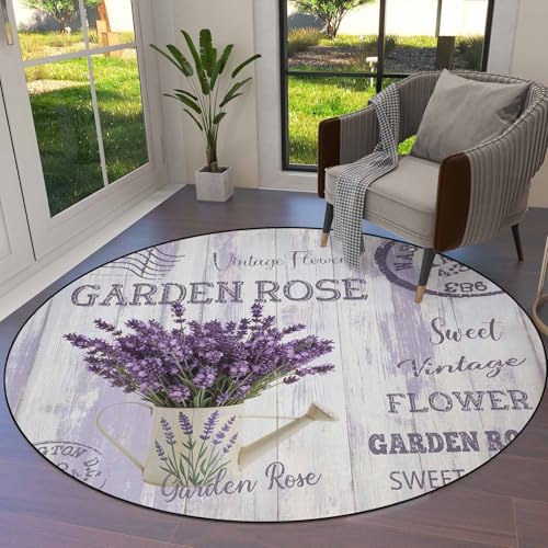 Purple Lavender Round Area Rugs for Living Room/Bedroom/Entryway, Vintage Farmhouse