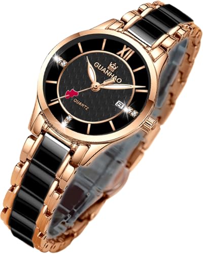 GUANHAO Ceramic Watches for Women, Fashion Ladies Watch Elegant Dress Women's Wristwatches with Diamond Accented Waterproof Calendar Mineral Glass, W-Black, Modern
