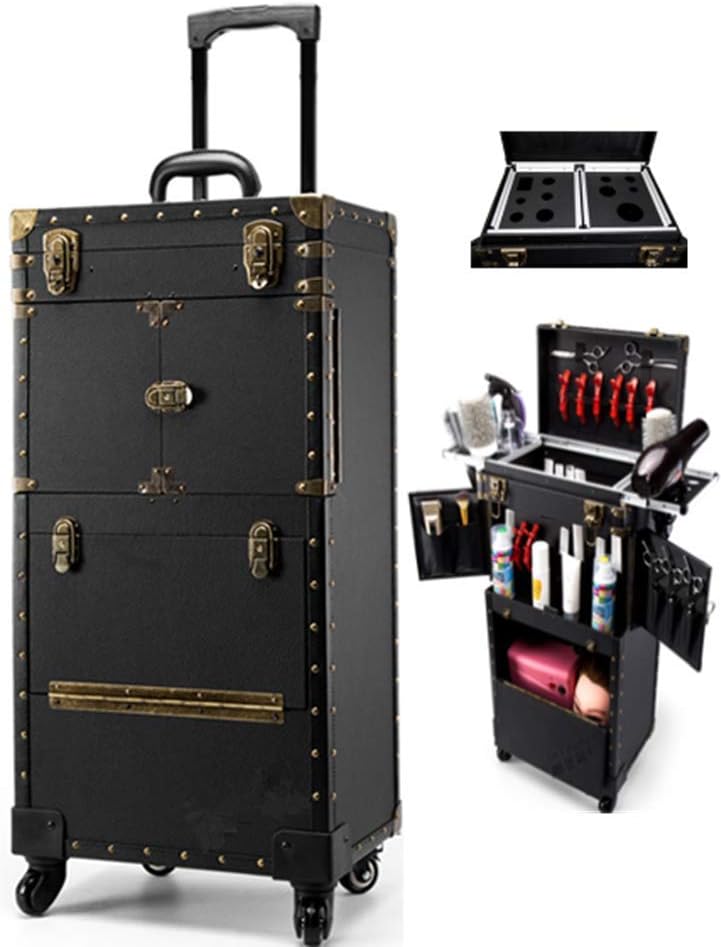 Trolley Cosmetic Case Retro Stylist Brake Wheel Telescopic Handle With Hair Dryer Bracket High Capacity Travel Portable Scissors Kit, 39X25.5X82cm,Black (militarycolor)