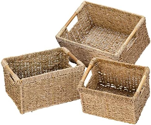 Wicker Baskets for Storage Organizing, Seagrass Storage Baskets Rectangular with Wooden Handles for Shelves, Natural Wicker Storage Basket Bins - Set of Wicker Baskets for Home Organization