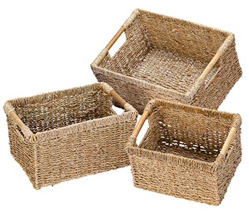 Wicker Baskets For Storage Organizing, Seagrass Storage Baskets Rectangular With Wooden Handles For Shelves, Natural Wicker Storage Basket Bins - Set Of Wicker Baskets For Home Organization #TOP7