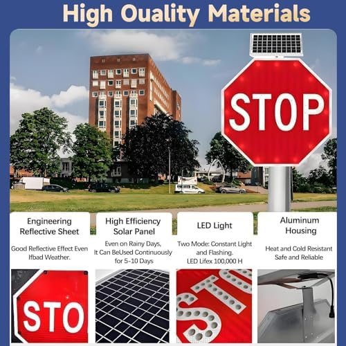 LED Solar Stop Sign - Heavy Duty Aluminum Octagon Traffic Sign with Rust-Proof Metal Frame, IP65 Waterproof, Blinking Red Light, Visibility >800m (31.5in)