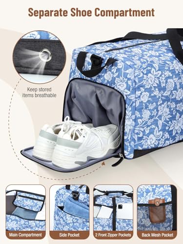 Image of Lekesky Foldable Travel Duffle Bag for Women, Large Duffel Bag with Separate Shoes Compartments & Straps, Carry On Weekend Bag for Women (Blue Floral Print, 80L)