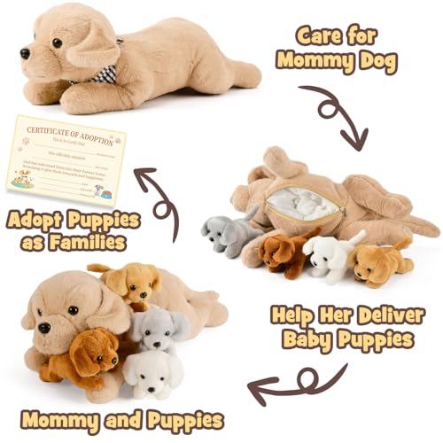G.C 5pcs Plush Dog Stuffed Animals for Kids Girls Toys, Large Size Mommy Labrador with 4 Baby Puppies Plush, Dog Plush Toy Christmas Birthday Gifts for Toddler Girls Boys 3 4 5 6 7 8+ Years Old