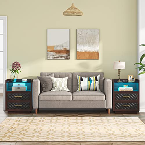 Tribesigns Nightstand With 2 Drawers, Beside Table With Led Lights And Storage Shelf, Modern Night Stand Accent End Table For Bedroom, Living Room, Walnut #TOP3