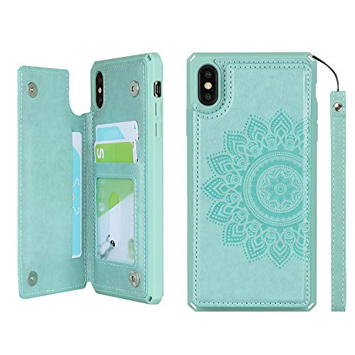 Protection iPhone XS Max et étui portefeuille cuir PU avec porte-carte vert motif mandala
