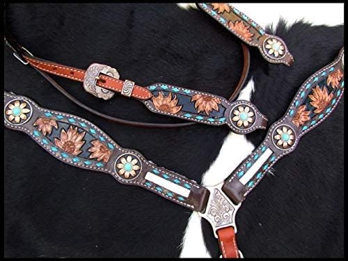 Showman Sunflower Tooled Leather Headstall & Breast Collar Set w/Cowhide Inlays & Reins