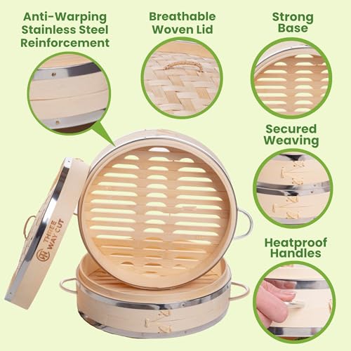 Bamboo Steamer 10 Inch - Dumpling Steamer Basket 2 Tier, Bamboo Steamers For Cooking Dumplings, Bao Bun, Dim Sum, Rice Potsticker & Veggie Food Steaming Basket with Steel Rims, Handles & Accessories