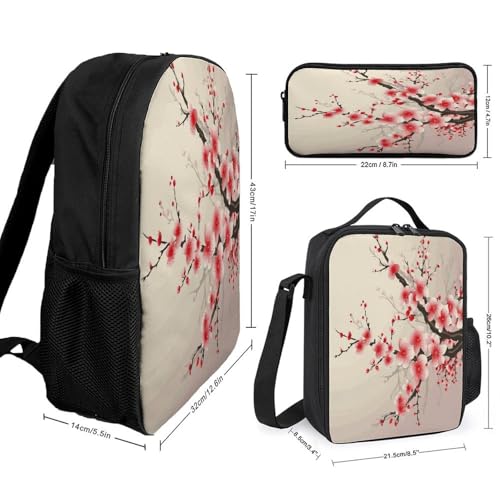 Printed Backpack With Lunch Pack Storage Box Case Japanese Floral Cherry Blossom 3pcs Lightweight Travel Backpack2