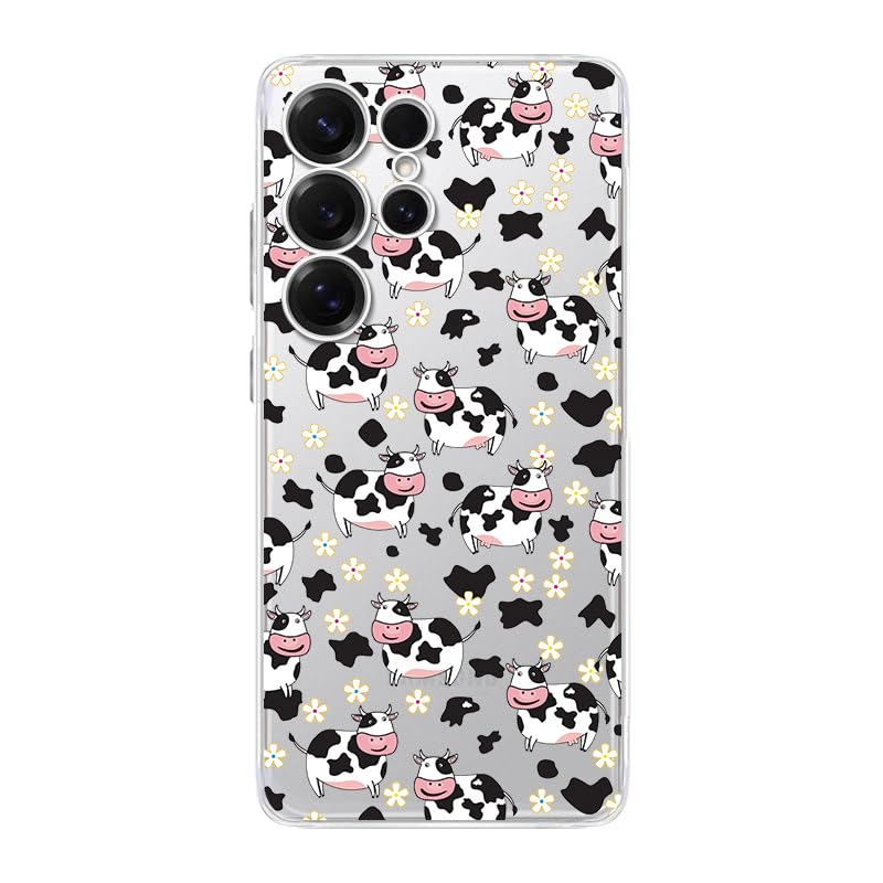 Coque transparente S25 Ultra anti-rayures motif vache mignon et fleurs