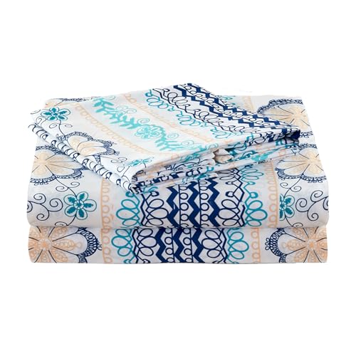 Image of JSD Vintage Blue Boho Floral Printed Sheet Set Full Size Deep Pocket | 4 Piece Soft Botanical Microfiber Sheets, OEKO-TEX Certified, Easy Care