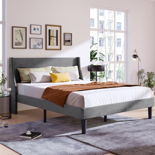 Merax Double Bed Velvet Grey Upholstered Bed with Winged Headboard – Stylish 4FT6 Kids Bed, Girls Bed, Youth Bed with Wood Slat Support – Budget-Friendly, Easy Assembly — image 1